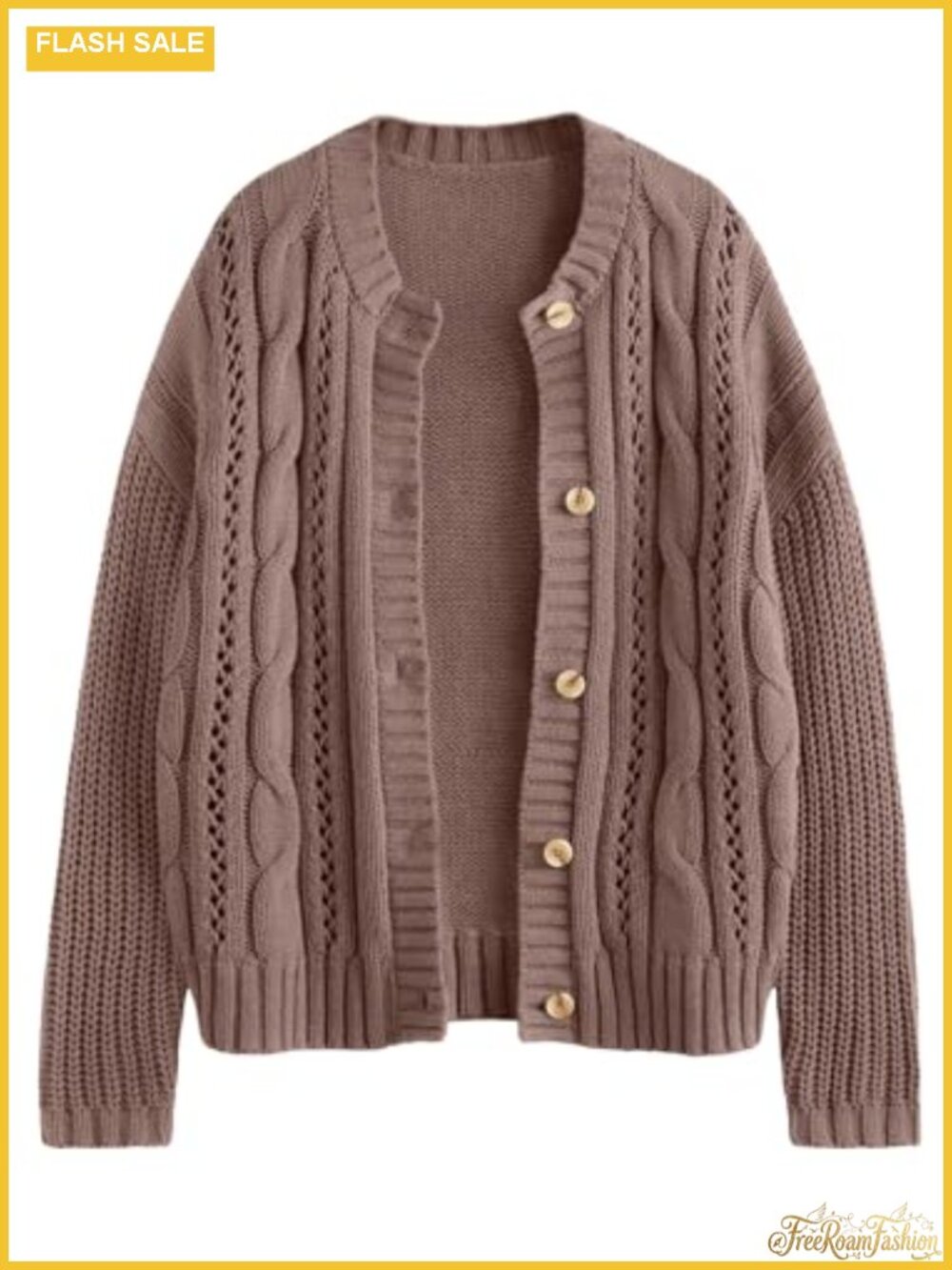 Cable Knit Button Up Chunky Cardigan Long Sleeve Crew Neck Sweater
